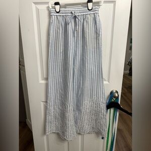 Frnch NWT Blue And White Striped Drawstring Wide Leg Pants Embroidered Small